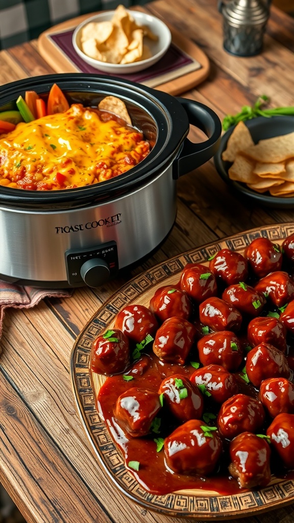 A 2 quart crock pot filled with cheesy dip and meatballs, set on a rustic table with appetizers.